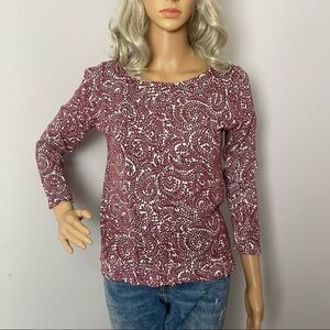 Loft Cotton Sweater Fern Print Crewneck Button Back Burgundy/Cream Size Small